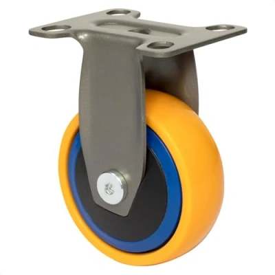 Image de Wagner Design 01247501 Roulette fixe 3C pour appareil ou meuble Jaune/bleue, surface de roulement souple, diamètre 75 mm, hauteur 100 plaque fixation 60 x 70 capacité charge kg