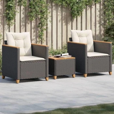 Image de vidaXL Ensemble de Bistro avec Coussins 3 pcs, Chaises et Table Patio, Meubles Terrasse Extérieur, Noir Résine Tressée 366313