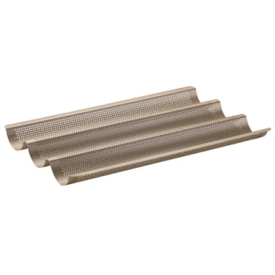 Image de Zenker 7314 moule à pain, baguette 3 empreintes, baguette, a four, plaque pain pour four perforée, Acier, Doré, 38,5 x 24,6 cm