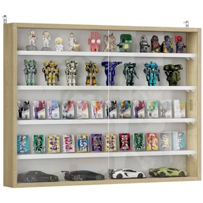 Image de HOMCOM vitrine pour Collection Murale 80 x 9,5 60 cm avec 4 étagères réglables en Hauteur et 2 Portes coulissantes Verre, de Figurines Voitures Miniatures, chêne