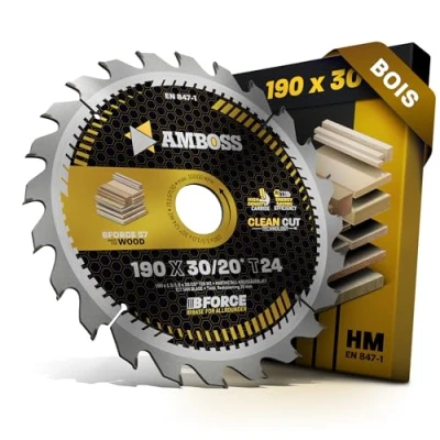 Image de AMBOSS WERKZEUGE® Lame de scie circulaire HM, 20 Z24, à dents alternées, pour le bois, sans fil, coupe fine, 190 x 30/20 mm, avec bague réduction, Dewalt DCS57, DCS573, DCS578, DWE576,