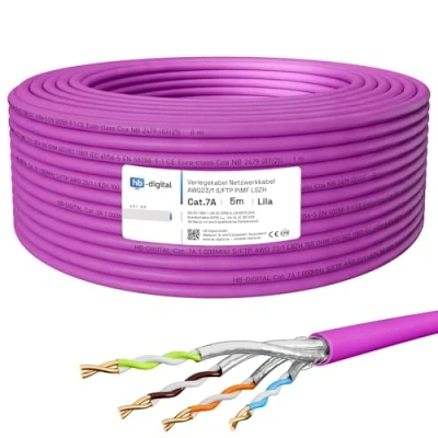 Image de HB DIGITAL 5m CAT.7a Câble réseau LAN de pose AWG 23 Cuivre pur S/FTP PiMF LSZH Sans halogène RoHS Compliant d&#039;installation Ethernet données PoE 10Gbit/s max. 1200MHz Violet