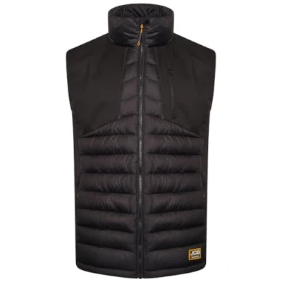 Image de JCB Gilet rembourré hybride Noir Tissu résistant à l&#039;eau Doublure softshell Poches fonctionnelles, rembourrage en polyester et fermeture éclair intégrale sur le devant, , S