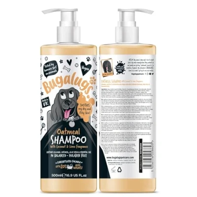 Image de BUGALUGS shampoing à l&#039;avoine et l&#039;aloe vera pour chiens malodorants avec parfum, shampooing chiot, après végétalien professionnel (500 ml)