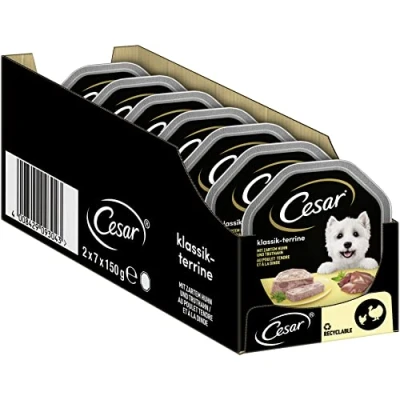 Image de Cesar Nourriture pour Chien Gamme Classique avec Morceaux tendres de Poulet et Dinde Lot 7 Paquets 2 boîtes 150 g chacune