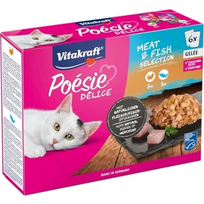 Image de VITAKRAFT Nourriture Chat « Poésie » Alimentation Humide Complète Pour À Base de Viande et Poisson En Gelée (Dinde, Saumon) 6 Sachets 85 g