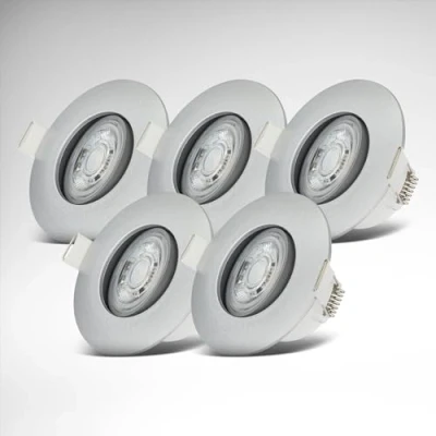 Image de B.K.Licht Set de 5 spots LED encastrables 230V, spot LED, orientable pour salle bain IP65, plafond, à gradation continue, lampe bain, chrome mat, 90x42 mm (DxH)