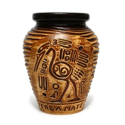 Image de mate Green Tasse à maté en céramique 300 ml ● Couleur miel AZTEK Yerba thé Calebasse Motif aztèque traditionnel