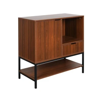 Image de Buffet bas en noyer et métal noir SWEEEK Vintage 1 porte, tiroir 2 étagères