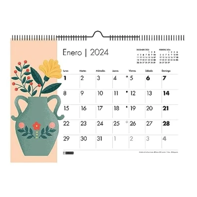 Image de Miquelrius Calendrier mural 2024, Format A3: 420 x 296 mm, Avec espace pour marquer, Reliure spirale double, Espagnol, Pivoine Rose Design, Vases