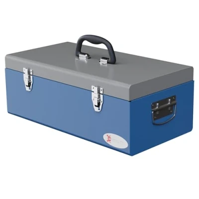Image de DURHAND Caisse boite à outils en métal transportable avec 3 poignées, 2 loquets, dim. 50L x 26l 18,5H cm, bleu
