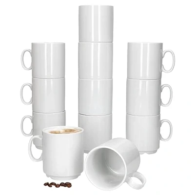Image de MamboCat Event Lot de 12 Tasses à café I 250 ml en porcelaine blanche avec anse pour personnes empilables boissons chaudes comme le thé, cacao, latte macchiato, etc. Vaisselle