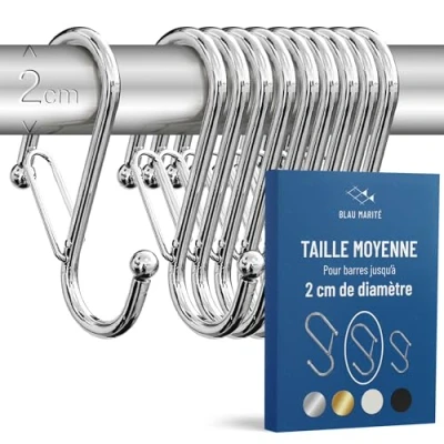 Image de Blau Marité 10 Crochets en Forme de S avec Système Anti chute. Longueur: 8,3cm. Pour barres jusqu&#039;à 2cm diamètre. Aide à l&#039;organisation la maison. (Argent, Moyen (Barres