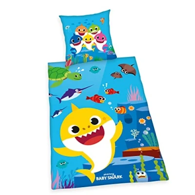 Image de Herding Parure de Lit Baby Shark, Taie d&#039;Oreiller 80 x cm, Housse Couette 135 200 Avec Fermeture à Boutons, Coton