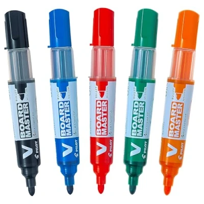 Image de Pilot 5 V Board Master Marqueurs Effaçables à Sec pour Tableau Blanc Encre Liquide aux Couleurs intenses Rechargeables Noir, bleu, rouge, vert, orange Pointe Moyenne Conique