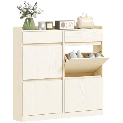 Image de HOMCOM Meuble à Chaussures 8 Paires, Armoire étroite, d&#039;entrée avec 2 tiroirs coulissants et 4 rabattables, pour Couloir entrée, 98 x 19,2 95,3 cm, Blanc