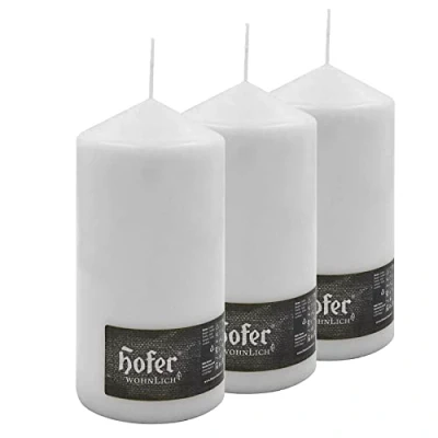 Image de Hofer bougies grandes colonnes blanches 10 x 20 cm Lot de 3 décoratives cylindriques Longue durée vie 110 heures Cire sans odeur anti goutte, fumée