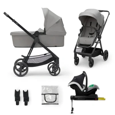 Image de Kinderkraft NEWLY 4 en 1 Poussette, Avec Siège Auto MINK PRO I Size 2 1, base ISOFIX, 360, Poussette Canne, Trio, SYSTÈME DE VOYAGE, Landau, Accessoires, Adaptateurs, Nacelle, Jusqu’à 22 kg, Gris