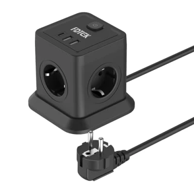 Image de FDTEK Multiprise Cube, Electrique avec 4 Prises et 3 USB (5V/3.1A), 7 en 1 Carte de Tour Courant Interrupteur Voyant Lumineux, Câble 1.8 m, 2500W