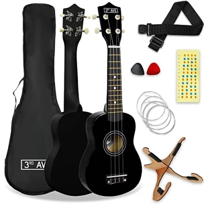 Image de 3rd Avenue Pack Ukulélé Soprano 53 Cm pour Débutants Housse, Stand, Sangle, Cordes, Médiators et Repères Autocollants Noir