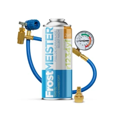 Image de FrostMEISTER Kit de recharge 2 en 1 pour climatiseur voiture 400 ml avec tuyau manomètre et adaptateur Remplacement rapide facile du réfrigérant R1234YF (à partir 2017)
