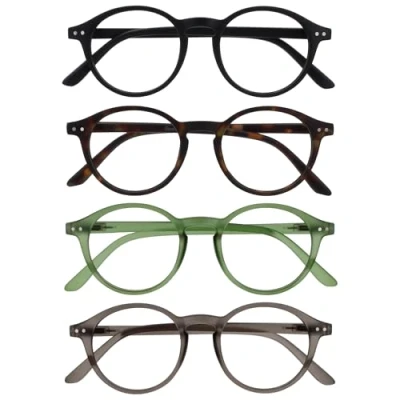 Image de OPULIZE REY Lunettes de Lecture Lot 4 Montures Rondes Rétro Noir Mat, Marron, Vert, Gris Hommes Femmes Charnières à Ressort RRRR56 1267 +3.00