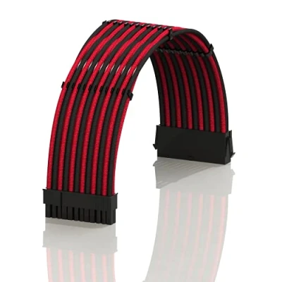 Image de LINKUP AVA 30cm 24 Broches ATX (20+4) pour Carte mère Câble d&#039;extension d&#039;alimentation PSU tressé et gainé avec Peignes Conception Robuste Rigide Pack Individuel 300mm Rouge Noir