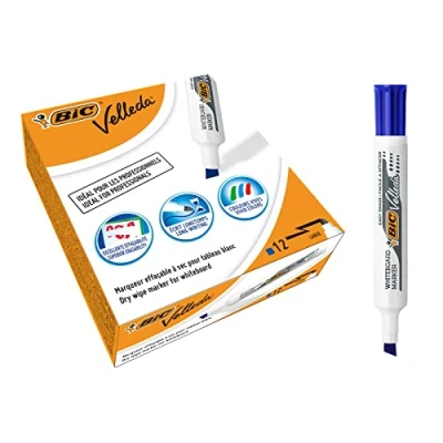 Image de BIC Velleda 1791 Feutres pour Tableau Blanc Effaçables à Sec Pointe Large Biseautée Bleu, Boîte de 12