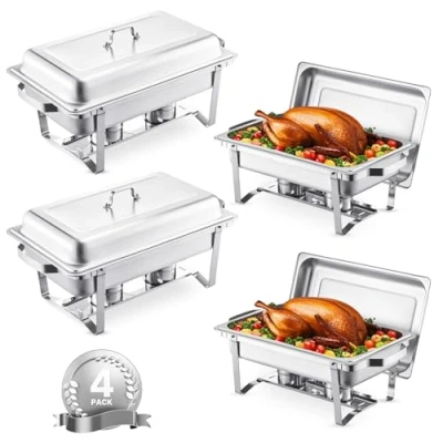 Image de Chauffe Plat VEVOR 4PCs 7,5 L Buffet Chauffant Rectangulaire Réchaud en Acier Inoxydable avec Couvercle Argent