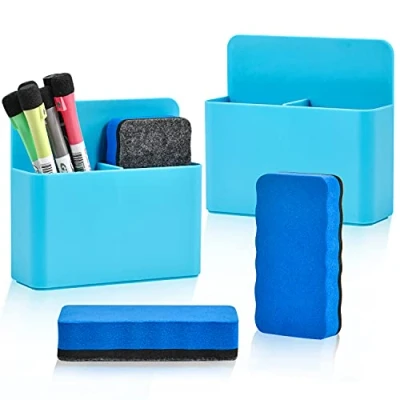 Image de Lot de 2 supports magnétiques effaçables à sec, gommes pour tableau blanc, support stylo magnétique pot crayons l&#039;école, le bureau, réfrigérateur, bleu