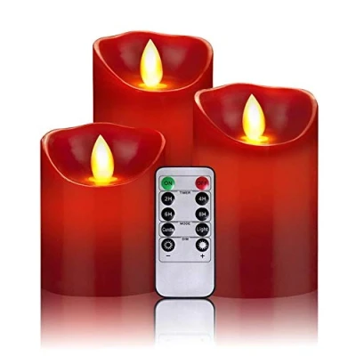 Image de OSHINE Bougie Led, 3 bougies style 10, 12,5 et 15 cm. avec télécommande m. 10 menus de fonction, minuterie 24 heures（Rouge）