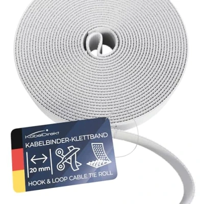 Image de KabelDirekt Colliers de serrage 15 m x 20 mm librement découpables, réutilisables (rouleau pour couper, refermable, connecte les câbles et bien plus encore, blanc)