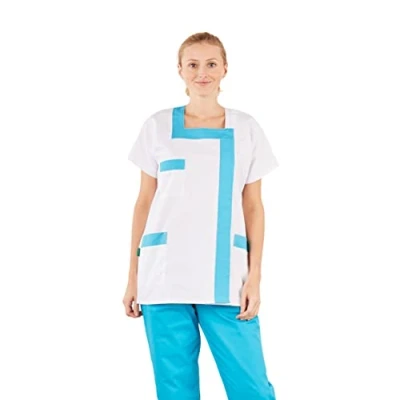 Image de Hurry Jump Blouse Medicale Femme idéal infirmière Aide soigante Col Carree Fermeture Pression 3 Poches Coloris par spécialité Blanc et Turquoise T1