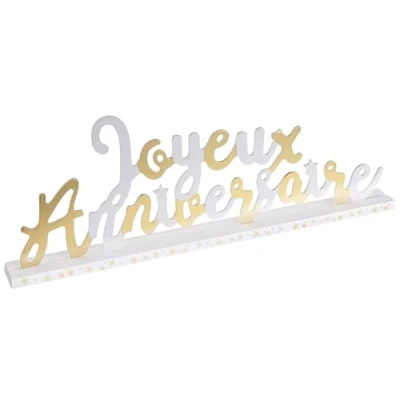 Image de Centre de Table Lettre Joyeux Anniversaire en Bois Blanc et Or métallique (x1) REF/6644
