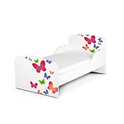 Image de Leomark Moderne Lit d&#039;Enfant Toddler avec Matelas Couleur Blanc Motif: Papillons Meubles Pour Enfants Confortable Fonctionnel Simple Zone de couchage 70/140 cm