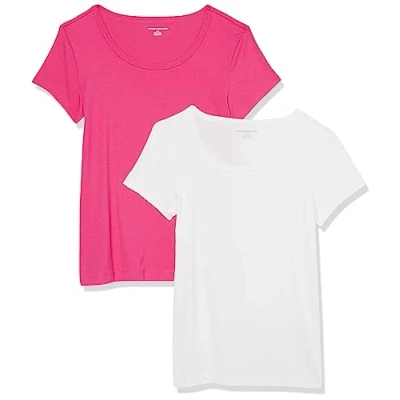 Image de Amazon Essentials T Shirt Ajusté à Manches Courtes et Encolure Dégagée Femme, Lot de 2, Blanc/Rose Foncé, M