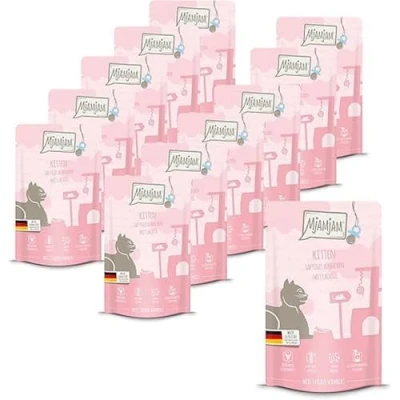 Image de MjAMjAM nourriture humide premium pour chat Quetschie Poulet juteux chaton à l&#039;huile de saumon, pack 12 (12 x 125 g), sans céréales avec supplément viande