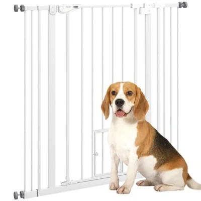 Image de PawHut Barrière de sécurité Animaux 104,1H cm avec Porte Fermeture Automatique système Double Verrouillage sans percage 74 à 101 Acier Blanc