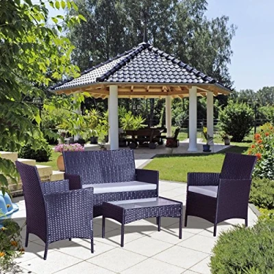 Image de CONCEPT USINE Ensemble Salon de Jardin en Résine Tréssée 4 Personnes Design Mykonos Noir/Gris Aspect Rotin avec Table Basse Plateau Verre Trempé Résistant, Style Moderne, Imperméable