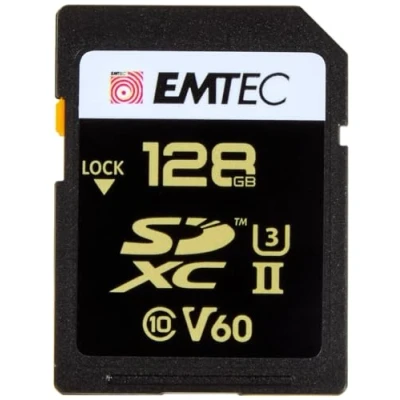 Image de EMTEC Carte SDXC UHS II U3 V60 SpeedIN Pro+ ECMSD128GUHS2V60 Mémoire Photos en Rafale, Vidéos Full HD, 3D, 4K, 8K UHD Capacité de Stockage 128Go, 128GB 2 Rangées PIN au Dos Noir/Doré