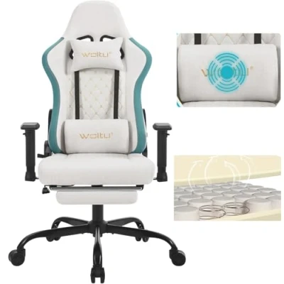 Image de WOLTU Chaise Gaming Massante, Fauteuil Gaming, avec Coussin Lombaire Massant, Siège Large à Ressorts, Ergonomique Appui tête, Repose Pieds, Charge 150kg, Tissu Technique, Blanc, GS09bws
