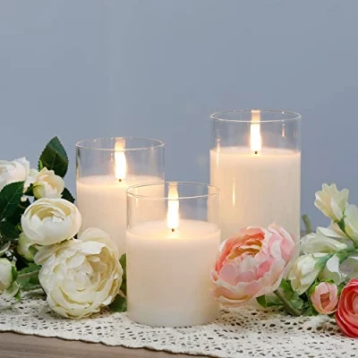 Image de JHY DESIGN Lot de 3 Bougies sans flamme en cire verre LED à piles scintillantes avec minuterie télécommande 8 touches pour la noce (pointe forme pivotée)