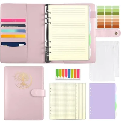 Image de Qefuna A5 Classeur à anneaux, couverture en PU avec motif Sun Tree of Life relief sur feuille, carnet 180 feuilles de recharge, pochettes et intercalaires, rose
