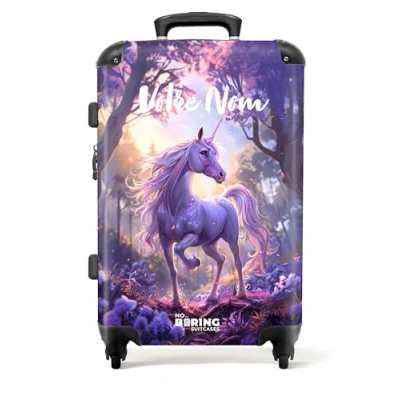 Image de NoBoringSuitcases.com Valise Enfant, Grande Valise, Personnalisable, Enfant Fille, Bagages avec TSA, 23kg, Taille (67cm 72L) (Licorne, Fleurs Violet)