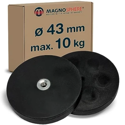 Image de 2 x Système magnétique en Néodyme caoutchouté avec filetage intérieur (M4) Diamètre Ø 43 mm Force 10 kg pièces Aimant pot caoutchouc antiglisse et femelle