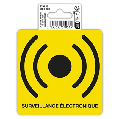 Image de Exacompta Réf. 67051E 1 pictogramme adhésif Surveillance électronique En vinyle PVC traité anti dérapant Finition brillante Dimensions : 10 x cm Coloris noir sur fond jaune