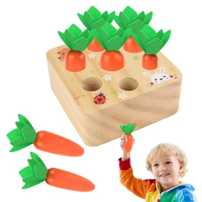 Image de jouet en bois à partir de 1 an motricité pour bébé, puzzle Montessori bois, éducatif, récolte carottes, jeu tri, cadeaux enfants bas âge