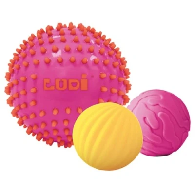 Image de Ludi 3 Balles Sensorielles Souples Texturées Jouet D&#039;Éveil Bébé Dès 6 Mois Développe Le Toucher, La Motricité Fine &amp; Bien Être Diamètre : 8 15 cm Rose Jaune