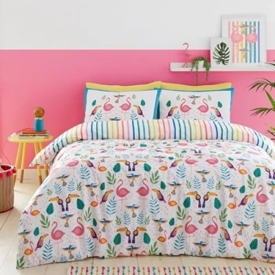 Image de Fusion Housse de Couette Flamant Tropical 230 x 220 cm 2 Taies d&#039;oreiller Réversible (Rayures Arc en Ciel) Oiseaux (Toucan) Cadeaux Rose Literie Tropicale