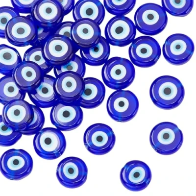 Image de nbeads 1 Fil (Environ 38 Pcs) Mauvais Œil Perles Bleu Plat Rond en Verre Evil Eye Faite à la Main Lampwork d&#039;Espacement pour Bracelets Collier Bijoux, 10 x 4mm, Trou: 1mm